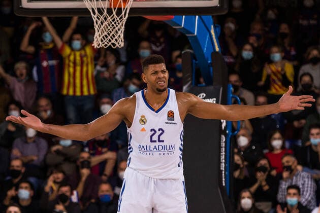 December 10, 2021, Barcelona, Barcelona, Spain: Edy Tavares of Real Madrid gestures during the Turkish Airlines EuroLeague match between FC Barcelona, Barca and Real madrid at Palau Blaugrana on December 10, 2021 in Barcelona, Spain. Barcelona Spain - ZUMAa181 20211210_zaa_a181_059 Copyright: xJavierxBorregox