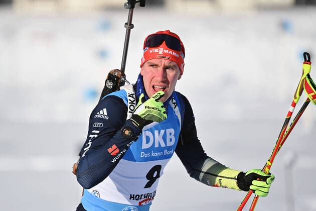 Johannes KUEHN GER ,winner,winnner,at the shooting range,gestures,action,single picture,cropped single motif,half figure,half figure IBU Biathlon World Cup in Hochfilzen 10 km sprint men on 10 12 2021 in Hochfilzen Pillersee,season 2021 21