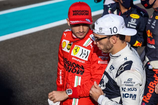 GASLY Pierre (fra), Scuderia AlphaTauri Honda AT02, LECLERC Charles (mco), Scuderia Ferrari SF21, portrait during the Formula 1 Etihad Airways Abu Dhabi Grand Prix 2021, 22th round of the 2021 FIA Formula One World Championship, WM, Weltmeisterschaft from December 10 to 12, 2021 on the Yas Marina Circuit, in Yas Island, Abu Dhabi - F1 - ABU DHABI GRAND PRIX 2021 - RACE DPPI Panoramic 00121046_AV6_8222