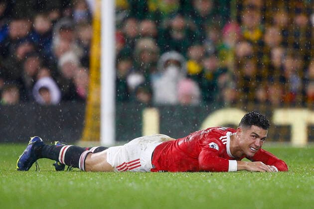 Norwich City v Manchester United, ManU Premier League Cristiano Ronaldo of Manchester United lays injured during the Premier League match at Carrow Road, Norwich Content Not Available For UK Newspapers Copyright: xPaulxChestertonx FIL-16251-0245