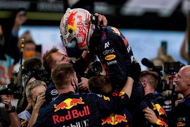 December 12, 2021, Abu Dhabi, United Arab Emirates: MAX VERSTAPPEN of the Netherlands and Red Bull Racing after winning the 2021 FIA Formula 1 Abu Dhabi Grand Prix and the 2021 Formula 1 World Championship, WM, Weltmeisterschaft at Yas Marina Circuit in Abu Dhabi, United Arab Emirates. Abu Dhabi United Arab Emirates - ZUMAg147 20211212_zap_g147_024 Copyright: xJamesxGasperottix