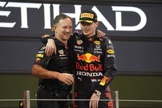 FORMULA 1 ETIHAD AIRWAYS ABU DHABI GRAND PRIX 2021 12 12 2021, Yas Marina Circuit, Abu Dhabi, FORMULA 1 ETIHAD AIRWAYS ABU DHABI GRAND PRIX 2021 , in picture podium World Champion Max Verstappen NEL , Red Bull Racing Honda, Team Principal Christian Horner Red Bull Racing Honda nordphotoxGmbHx xBratic nph00250