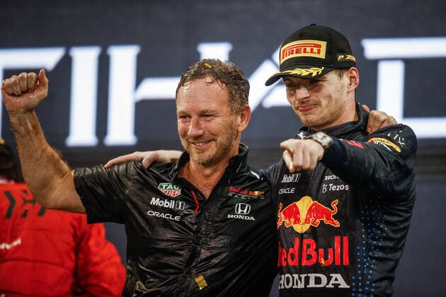 podium HORNER Christian (gbr), Team Principal of Red Bull Racing, VERSTAPPEN Max (ned), Red Bull Racing Honda RB16B, portrait during the Formula 1 Etihad Airways Abu Dhabi Grand Prix 2021, 22th round of the 2021 FIA Formula One World Championship, WM, Weltmeisterschaft from December 10 to 12, 2021 on the Yas Marina Circuit, in Yas Island, Abu Dhabi - F1 - ABU DHABI GRAND PRIX 2021 - RACE DPPI Panoramic  00121046__V2_4468