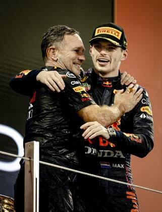ABU DHABI Team boss Christian Horner and Max Verstappen of Red Bull Racing on the podium after winning the Formula 1 World Championship after the Abu Dhabi Grand Prix at Yas Marina Circuit on December 12, 2021 in Abu Dhabi, United Arab Emirates REMKO DE WAAL F1 Grand Prix 2021 xVIxANPxSportx xxANPxIVx 441982949