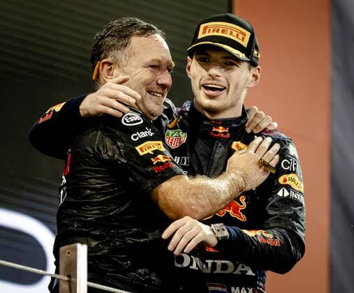 ABU DHABI Team boss Christian Horner and Max Verstappen of Red Bull Racing on the podium after winning the Formula 1 World Championship after the Abu Dhabi Grand Prix at Yas Marina Circuit on December 12, 2021 in Abu Dhabi, United Arab Emirates REMKO DE WAAL F1 Grand Prix 2021 xVIxANPxSportx xxANPxIVx 441983327