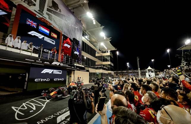 ABU DHABI Red Bull Racing s Max Verstappen on the podium after winning the Formula 1 World Championship after the Abu Dhabi Grand Prix at Yas Marina Circuit on December 12, 2021 in Abu Dhabi, United Arab Emirates REMKO DE WAAL F1 Grand Prix 2021 xVIxANPxSportx xxANPxIVx 441985124