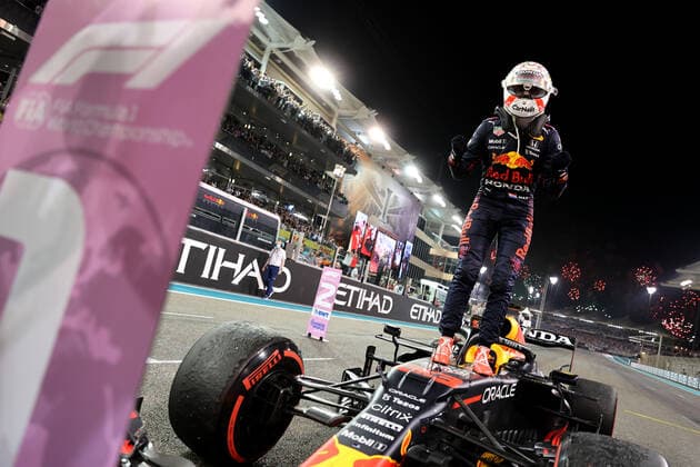 F1 Grand Prix of Abu Dhabi 33 Max Verstappen (NED, Red Bull Racing) celebrates becoming the 2021 Drivers World Champion, F1 Grand Prix of Abu Dhabi at Yas Marina Circuit on December 12, 2021 in Abu Dhabi, United Arab Emirates. (Photo by xpbimages.com XPB Images FIA Pool via HOCH ZWEI) Abu Dhabi United Arab Emirates Poolfoto HOCH ZWEI Pool XPB Images ,EDITORIAL USE ONLY
