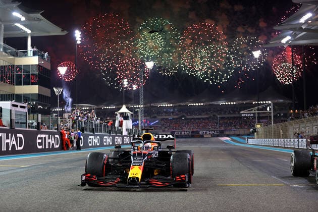 F1 Grand Prix of Abu Dhabi 33 Max Verstappen (NED, Red Bull Racing) celebrates becoming the 2021 Drivers World Champion, F1 Grand Prix of Abu Dhabi at Yas Marina Circuit on December 12, 2021 in Abu Dhabi, United Arab Emirates. (Photo by xpbimages.com XPB Images FIA Pool via HOCH ZWEI) Abu Dhabi United Arab Emirates Poolfoto HOCH ZWEI Pool XPB Images ,EDITORIAL USE ONLY