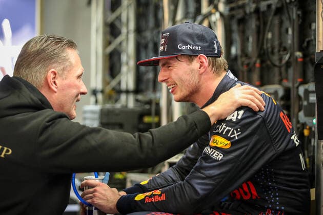 VERSTAPPEN Max (nld), Red Bull Racing Honda RB16B, portrait, celebrating his win and first world title at 24 years old with his father Jos during the Formula 1 Etihad Airways Abu Dhabi Grand Prix 2021, 22th round of the 2021 FIA Formula One World Championship, WM, Weltmeisterschaft from December 10 to 12, 2021 on the Yas Marina Circuit, in Yas Island, Abu Dhabi - F1 - ABU DHABI GRAND PRIX 2021 - RACE DPPI Panoramic  20211212_GOODEN_FG0O0279