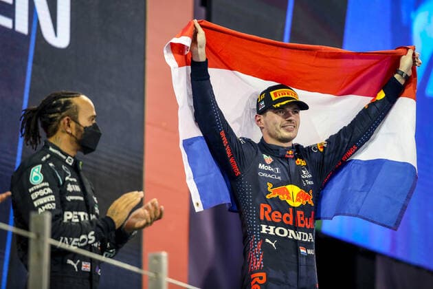 VERSTAPPEN Max (ned), Red Bull Racing Honda RB16B, portrait podium with HAMILTON Lewis (gbr), Mercedes AMG F1 GP W12 E Performance during the Formula 1 Etihad Airways Abu Dhabi Grand Prix 2021, 22th round of the 2021 FIA Formula One World Championship, WM, Weltmeisterschaft from December 10 to 12, 2021 on the Yas Marina Circuit, in Yas Island, Abu Dhabi - F1 - ABU DHABI GRAND PRIX 2021 - RACE DPPI Panoramic  20211212_GOODEN_FGO01338