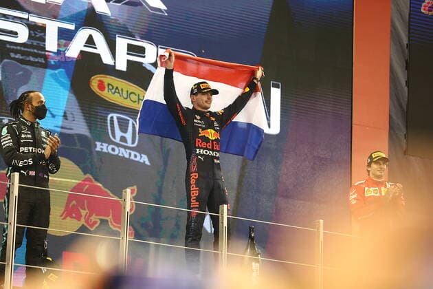 FORMULA 1 ETIHAD AIRWAYS ABU DHABI GRAND PRIX 2021 12 12 2021, Yas Marina Circuit, Abu Dhabi, FORMULA 1 ETIHAD AIRWAYS ABU DHABI GRAND PRIX 2021 , in picture Podium World Champion Max Verstappen NEL , Red Bull Racing Honda, Lewis Hamilton GBR , Mercedes AMG Petronas Formula One Team, Carlos Sainz Jr ESP , Scuderia Ferrari Mission Winnow nordphotoxGmbHx xBratic nph00250