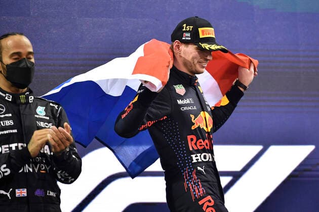 VERSTAPPEN Max F1 Team Red Bull Racing Abu Dhabi 2021 winner and new F 1 World Champion with HAMILTON Lewis F1 FIA Grand Prix of Abu Dhabi 2021 on 12 12 2021 in UAE at Yas Marina Circuit
