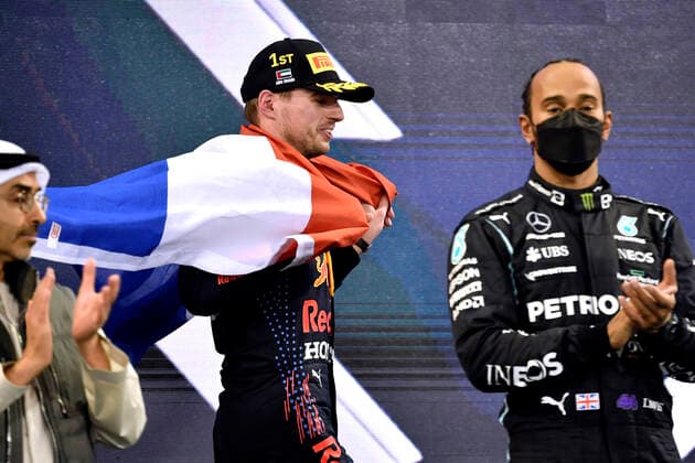 VERSTAPPEN Max F1 Team Red Bull Racing Abu Dhabi 2021 winner and new F 1 World Champion with HAMILTON Lewis F1 FIA Grand Prix of Abu Dhabi 2021 on 12 12 2021 in UAE at Yas Marina Circuit