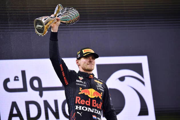 VERSTAPPEN Max F1 Team Red Bull Racing winner of Abu Dhabi 2021 and new F 1 World Champion at the presentation ceremony F1 FIA Grand Prix of Abu Dhabi 2021 at Yas Marina Circuit on 12 12 2021 in UAE.