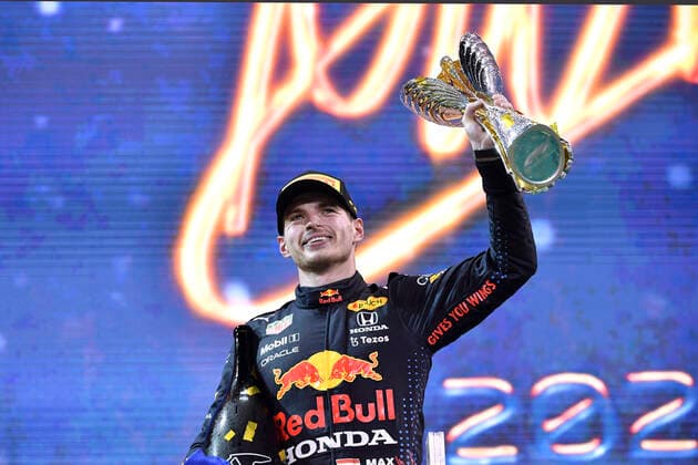 VERSTAPPEN Max F1 Team Red Bull Racing winner of Abu Dhabi 2021 and new F 1 World Champion at the presentation ceremony F1 FIA Grand Prix of Abu Dhabi 2021 at Yas Marina Circuit on 12 12 2021 in UAE.