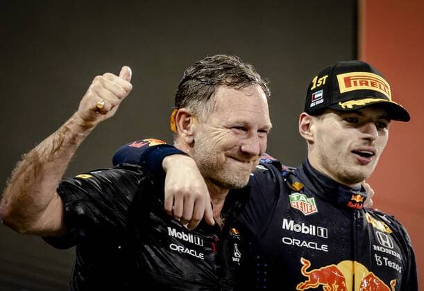 ABU DHABI Team boss Christian Horner and Max Verstappen of Red Bull Racing on the podium after winning the Formula 1 World Championship after the Abu Dhabi Grand Prix at Yas Marina Circuit on December 12, 2021 in Abu Dhabi, United Arab Emirates REMKO DE WAAL F1 Grand Prix 2021 xVIxANPxSportx xxANPxIVx 441988024