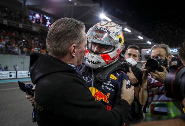 33 Max Verstappen NED, Red Bull Racing celebrates becoming the 2021 Drivers World Champion with his father Jos Verstappen, F1 Grand Prix of Abu Dhabi at Yas Marina Circuit on December 12, 2021 in Abu Dhabi, United Arab Emirates Photo by HOCH ZWEI Abu Dhabi United Arab Emirates