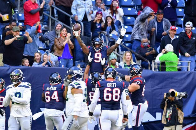 Sport Themen der Woche KW49 Sport Bilder des Tages December 12, 2021, Houston, Texas, USA: Houston Texans tight end Brevin Jordan (9) celebrates his touchdown during the first quarter against the Seattle Seahawks at NRG Stadium. Mandatory Credit: ZUMA Press Houston USA - ZUMAl153 20211212_zap_l153_014 Copyright: xMariaxLysakerx