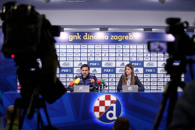 GNK Dinamo Zagreb Drawn Against Sevilla in UEFA Europa League Playy-Off Round Head coach of GNK Dinamo Zeljko Kopic and Head of PR Department of GNK Dinamo Zagreb Iva Cigrovskij during the press conference, PK, Pressekonferenz after the UEFA Europa League knockout round play-off draw has been made, on December 13, 2021, in Zagreb, Croatia. GNK Dinamo Zagreb will play against Sevilla FC on February 17th and the return leg on the 24th February. GoranxStanzl PIXSELL