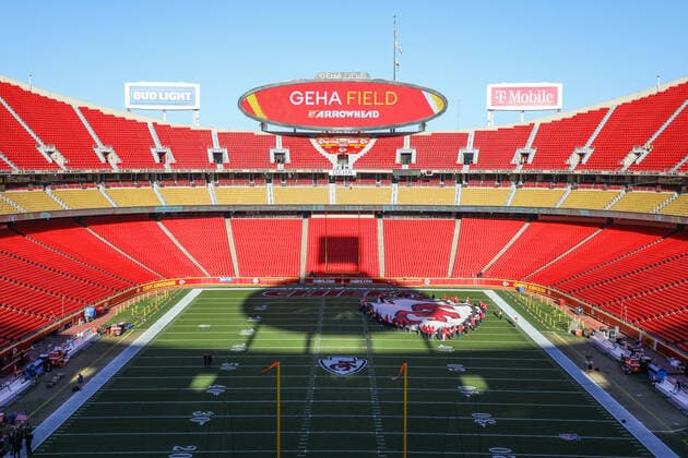 KANSAS CITY, MO - DECEMBER 12: Long shadows are cast over GEHA Field at Arrowhead Stadium on a sunny day before an NFL, American Football Herren, USA game between the Las Vegas Raiders and Kansas City Chiefs on Dec 12, 2021 at GEHA Field at Arrowhead Stadium in Kansas City, MO. (Photo by Scott Winters Icon Sportswire) NFL: DEC 12 Raiders at Chiefs Icon2112120018