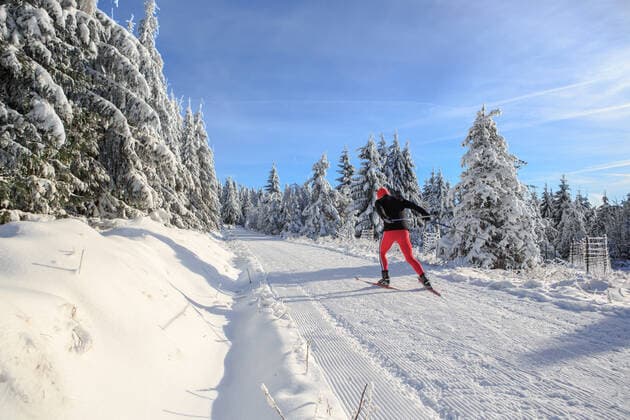 A man cross-country skiing on the forest trail,model released, Symbolfoto