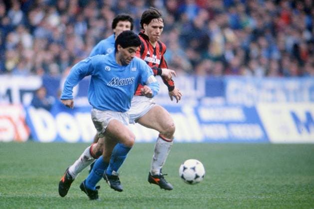 DIEGO ARMANDO MARADONA, Napoli, MARCO VAN BASTEN, Milan, Coppa Italia, Semi Finale, Ritorno, Napoli vs Milan 1-3, Napoli COPPA ITALIA 1989-90 SEMI FINALE RITORNO NAPOLI-MILAN 1-3