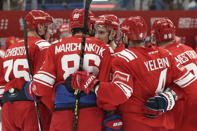 MOSCOW, RUSSIA â€“ DECEMBER 15, 2021: Russia s players celebrate scoring in their 2021 22 Euro Hockey Tour Channel One Cup Ice hockey, Eishockey match against Canada at the CSKA Arena. Valery Sharifulin TASS  TS11BE75