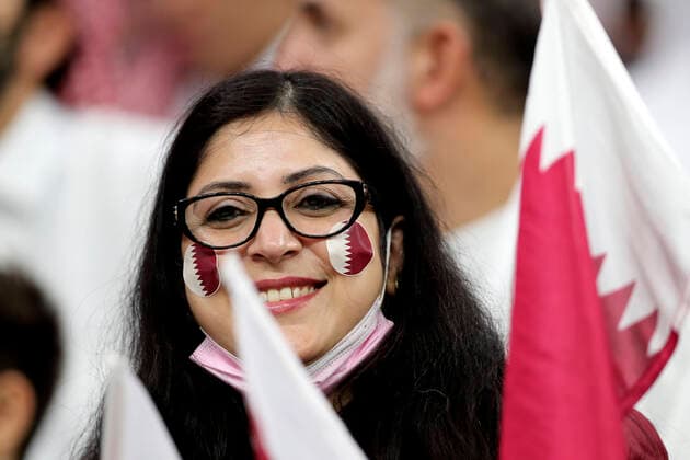 FIFA Fußball WM 2022, Nationalteam Katar FANS KATAR im AL BAYT Stadion FIFA Arab Cup 2021 in Qatar Spiel Katar - Bahrain Eroeffnungs Zeremonie Stadion AL Bayt am 30.11.2021 in Al Chaur in Katar *** FANS KATAR at AL BAYT Stadium FIFA Arab Cup 2021 in Qatar Match Qatar Bahrain Opening Ceremony Stadium AL Bayt on 30 11 2021 at Al Chaur in Qatar