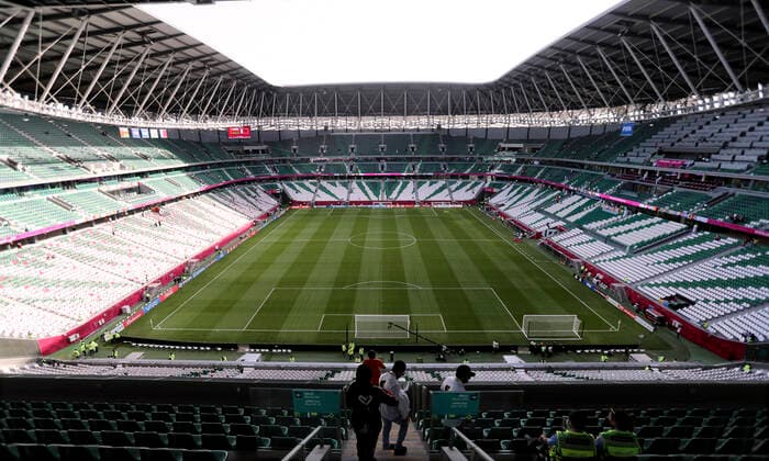 FIFA Fußball WM 2022, Education City Stadium Education Stadion FIFA Arab Cup 2021 in Qatar Spiel Oman - Katar 1 : 2 im Education Stadion am 03.12.2021 in Ar Rayyan in Katar *** Education Stadium FIFA Arab Cup 2021 in Qatar Match Oman Qatar 1 2 at Education Stadium on 03 12 2021 at Ar Rayyan in Qatar