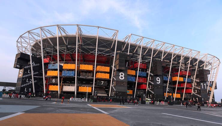 FIFA Fußball WM 2022, Stadium 974 Ras Abu Aboud Stadion Weltmeisterschaft Stadion 2022 FIFA Arab Cup 2021 in Katar Stadion Ras Abu Aboud am 15.12.2021 in Doha *** Ras Abu Aboud Stadium World Cup Stadium 2022 FIFA Arab Cup 2021 in Qatar Ras Abu Aboud Stadium on 15 12 2021 in Doha