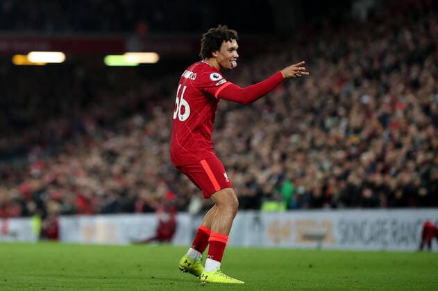 Mandatory Credit: Photo by Paul Greenwood Shutterstock (12647003z) Trent Alexander-Arnold of Liverpool celebrates scoring his side s third goal to make the score 3-1 Liverpool v Newcastle United, Premier League, Football, Anfield, Liverpool, UK - 16 Dec 2021 EDITORIAL USE ONLY No use with unauthorised audio, video, data, fixture lists, club league logos or live services. Online in-match use limited to 120 images, no video emulation. No use in betting, games or single club league player publications. Liverpool v Newcastle United, Premier League, Football, Anfield, Liverpool, UK - 16 Dec 2021 EDITORIAL USE ONLY No use with unauthorised audio, video, data, fixture lists, club league logos or live services. Online in-match use limited to 120 images, no video emulation. No use in betting, games or single club league player publications. Copyright: xPaulxGreenwood Shutterstockx 12647003z
