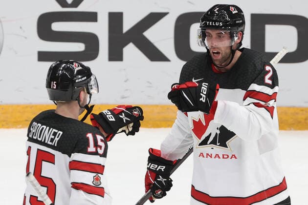MOSCOW, RUSSIA â€“ DECEMBER 17, 2021: Canada s Ryan Spooner (L) and Brandon Gormley celebrate a goal scored against Sweden in their national teamsâ€™ 2021 Channel One Cup Ice hockey, Eishockey match at CSKA Arena as part of the 2021 22 Euro Hockey Tour. Valery Sharifulin TASS  TS11C2C5