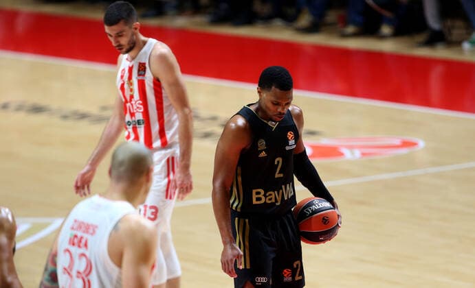 17.12.2021 Belgrade(Serbia) KK Crvena Zvezda(BC Red Star)-FC Bayern München Basketball GmbH Euroleague men s basketball Corey Walden(C) Bayern München react during match :S.Sandic