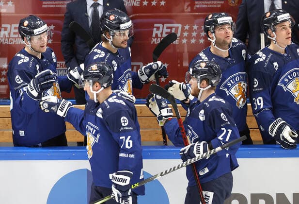 MOSCOW, RUSSIA â€“ DECEMBER 18, 2021: Finnish players celebrate a goal scored against Canada in their national team, Nationalteam s 2021 Channel One Cup Ice hockey, Eishockey match at CSKA Arena as part of the 2021 22 Euro Hockey Tour. Mikhail Japaridze TASS  TS11C464