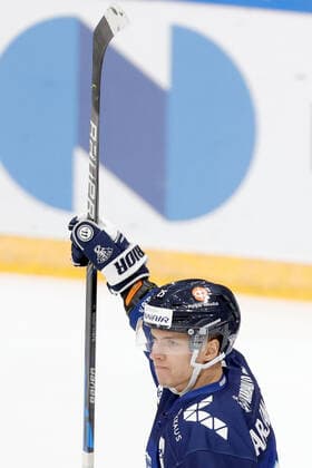MOSCOW, RUSSIA â€“ DECEMBER 18, 2021: Finland s Jere Karjalainen celebrates scoring a goal against Canada in his national team, Nationalteam s 2021 Channel One Cup Ice hockey, Eishockey match at CSKA Arena as part of the 2021 22 Euro Hockey Tour. Mikhail Japaridze TASS  TS11C466