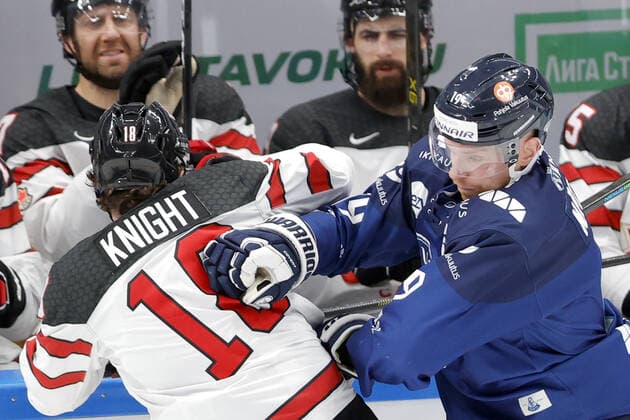 MOSCOW, RUSSIA â€“ DECEMBER 18, 2021: Finlandâ€™s Joonas Nattinen (R) and Canadaâ€™s Corban Knight in their national teamsâ€™ 2021 Channel One Cup Ice hockey, Eishockey match at CSKA Arena as part of the 2021 22 Euro Hockey Tour. Mikhail Japaridze TASS  TS11C477