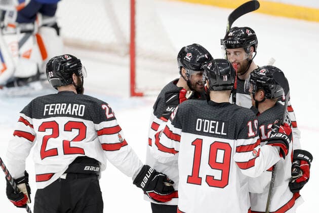 MOSCOW, RUSSIA â€“ DECEMBER 18, 2021: Canadian players celebrate a goal scored against Finland in their national team, Nationalteam s 2021 Channel One Cup Ice hockey, Eishockey match at CSKA Arena as part of the 2021 22 Euro Hockey Tour. Mikhail Japaridze TASS  TS11C481