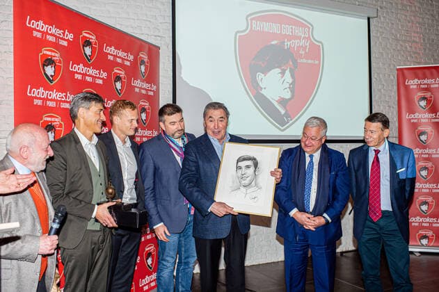Cyclist Eddy Merckx (3R) is seen at a ceremony for the Raymond Goethals Award for the coach whose style was the closest to the style of Goethals, Monday 20 December 2021, in Grimbergen. JONASxROOSENS  x3160486x