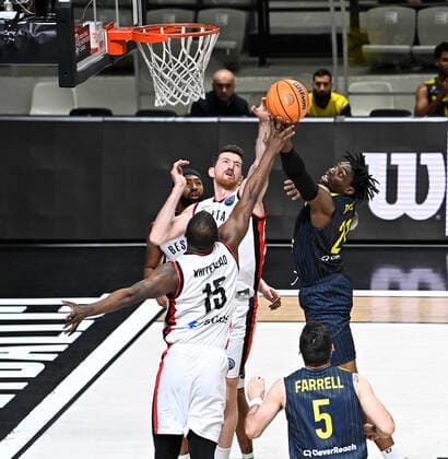 Ercan Osmani (6) , Isaiah Whitehead (15) of Besiktas Icrypex and TJ Holyfield of Ewe Baskets Oldenburg during the FIBA Champions League group H match between Besiktas Icrypex and Ewe Baskets Oldenburg at Besiktas Akatlar Arena in Istanbul , Turkey on December 21 , 2021. ( Photo by Seskimphoto ) 