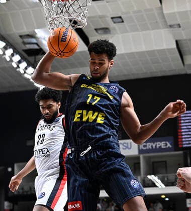 Norris Agbakoko of Ewe Baskets Oldenburg during the FIBA Champions League group H match between Besiktas Icrypex and Ewe Baskets Oldenburg at Besiktas Akatlar Arena in Istanbul , Turkey on December 21 , 2021. ( Photo by Seskimphoto ) 