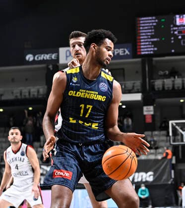 Norris Agbakoko of Ewe Baskets Oldenburg during the FIBA Champions League group H match between Besiktas Icrypex and Ewe Baskets Oldenburg at Besiktas Akatlar Arena in Istanbul , Turkey on December 21 , 2021. ( Photo by Seskimphoto ) 