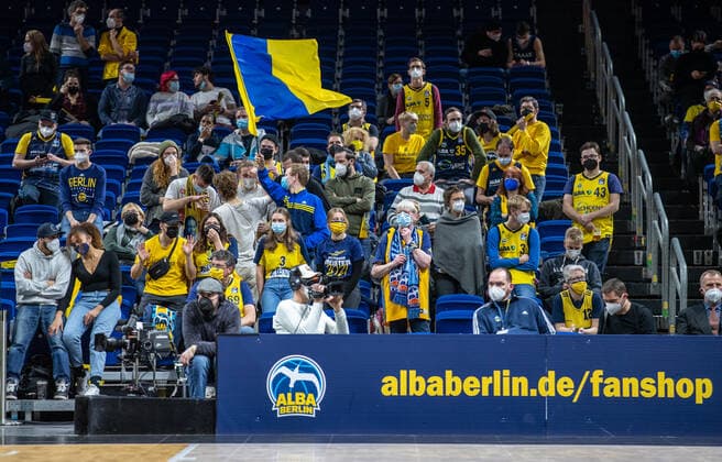 Basketball EuroLeague, ALBA Berlin AS Monaco, Matchday 17, Mercedes Benz Arena Fans of Alba Berlin cheer on their team ALBA Berlin AS Monaco