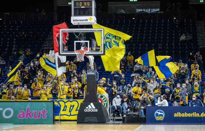 Basketball EuroLeague, ALBA Berlin AS Monaco, Matchday 17, Mercedes Benz Arena Fans of Alba Berlin cheer on their team ALBA Berlin AS Monaco