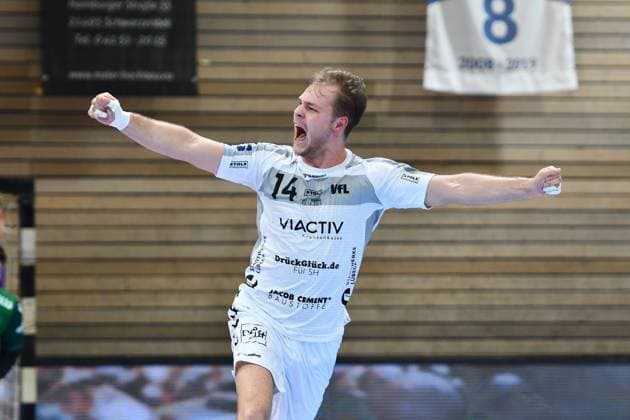 Handball I Herren I Saison 2021-2022 I 2. HBL I 18. Spieltag I VfL Lübeck-Schwartau - DJK Rimpar Wölfe I 22.12.2021 Jubel Paul Skorupa (14, VfL Lübeck-Schwartau) Lübeck Hansehalle Schleswig-Holstein Deutschland Copyright: xLobeca Kabenx