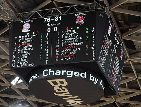 23 12 2021, xemx, Basketball Euroleague, FC Bayern Muenchen Baskonia Vitoria Gasteiz emspor, v l score after end of game scoreboard Muenchen.