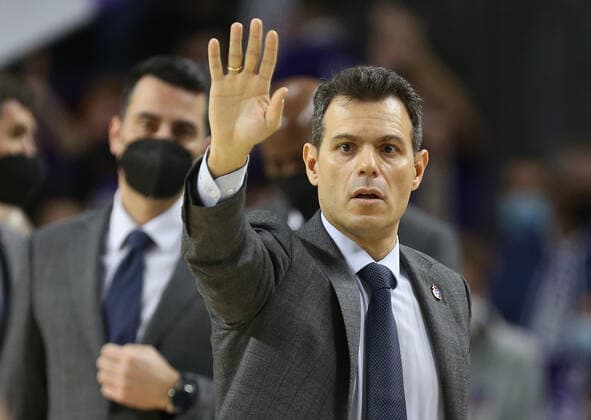 Spain Basketball Euroleague Real - CSKA 6729420 24.12.2021 CSKA?s head coach Dimitris Itoudis reacts during the Euroleague basketball match between Real Madrid and CSKA Moscow, in Madrid, Spain. Mikhail Serbin Sputnik Madrid Spain  Copyright: xMikhailxSerbinx
