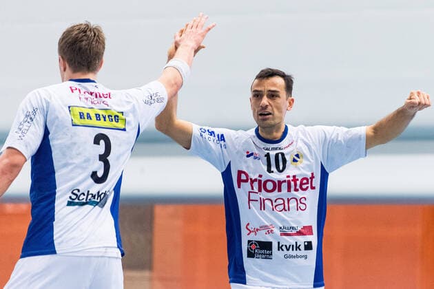 211226 Redbergslids Elliot Stenmalm and Marko Lasica cheer during the handball match in the Handball League between Redbergslid and HK Malmö on December 26, 2021 in Gothenburg,  Copyright: MATHIASxBERGELD BB211226MB066
