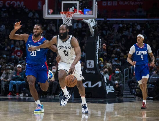 December 27, 2021, Los Angeles, California, USA: James Harden 13 of the Brooklyn Nets drives downcourt during their NBA, Basketball Herren, USA game at Crypto.com Arena against the Brooklyn Nets on Monday December 27, 2021 in Los Angeles, California. Clippers lose to Nets, 108-124. PI Los Angeles USA - ZUMAp124 20211227_zaa_p124_031 Copyright: xJAVIERxROJASx