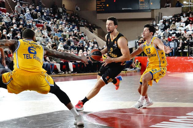 Leo Westermann (AS Monaco) - John Dibartolomeo (Maccabi Playtika Tel Aviv) BASKETBALL : AS Monaco vs Maccabi Tel Aviv - Euroleague - Monaco - 29 12 2021 NorbertScanella Panoramic 