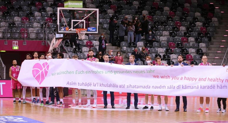 Telekom Baskets Bonn with banner after victory vs Basketball Löwen Braunschweig easyCredit BBL 1 Bundesliga , season 2021 2022 , main round 14 matchday